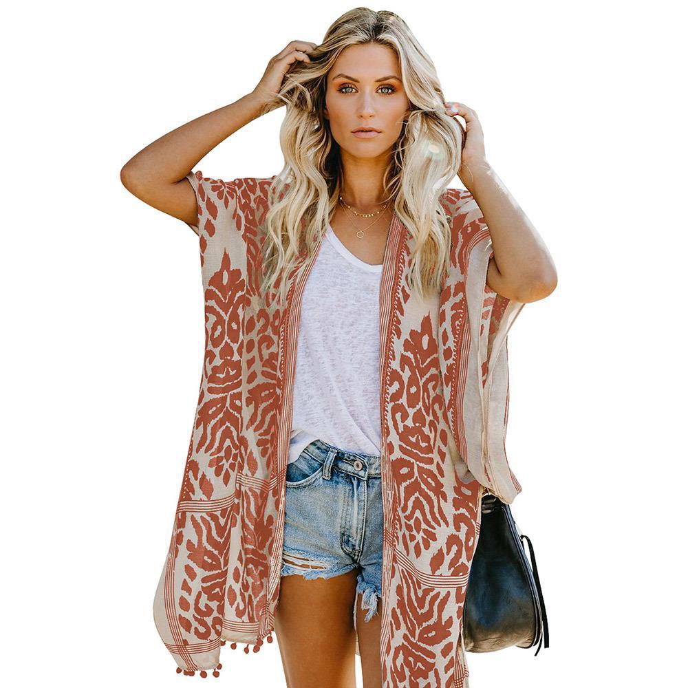 Damen Luftige Kimono-Cardigan mit aufwändigem Muster und fransenbesetzten Saum ModeGeist