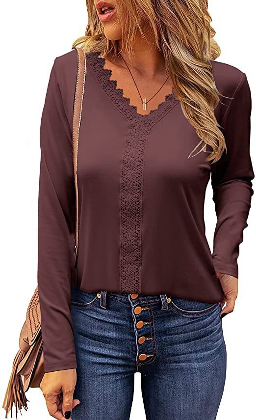 Damen elegantes V-Ausschnitt Longsleeve-Shirt mit Spitzenbesatz ModeGeist
