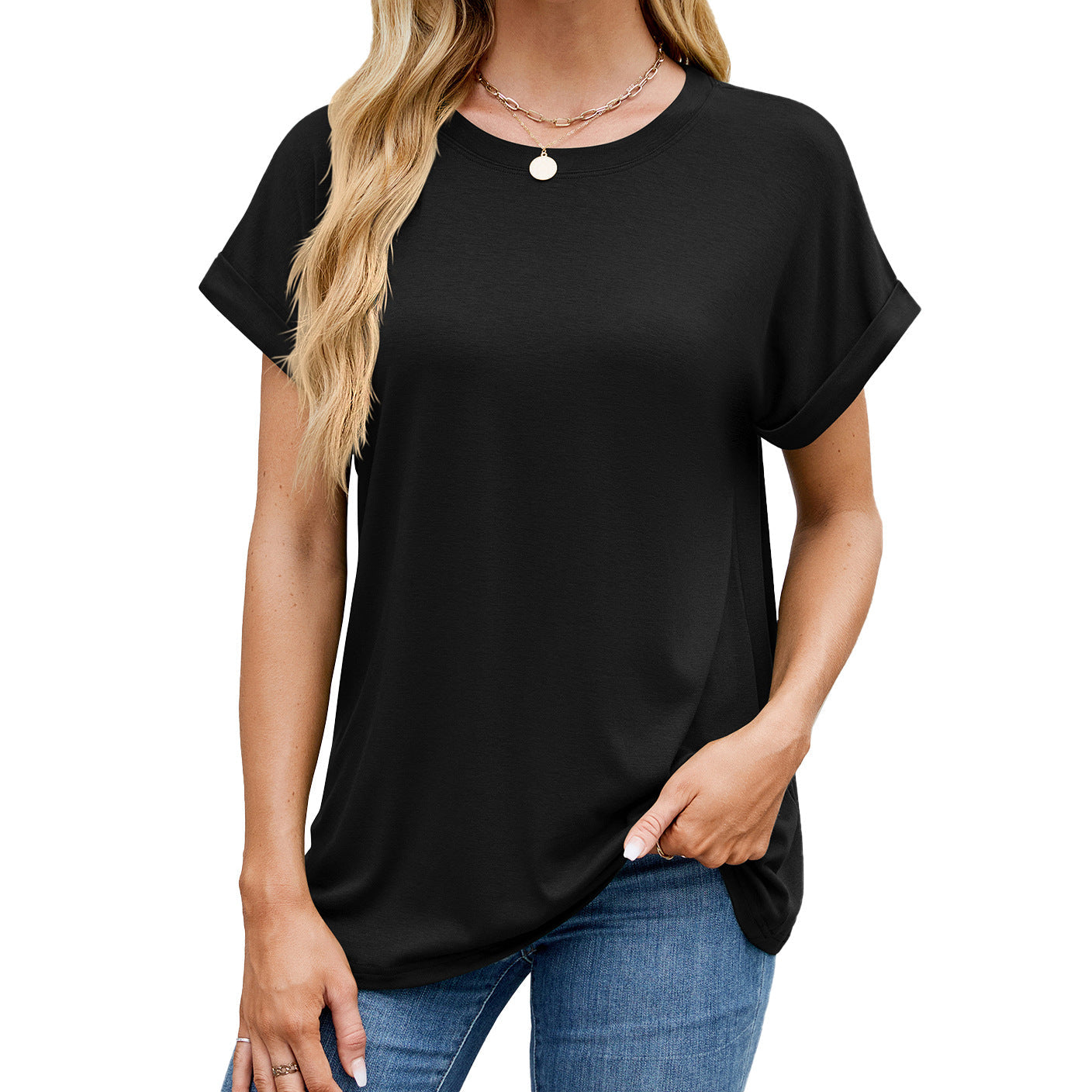 Fudus Basics: Einfarbiges, lockeres Rundhals-T-Shirt