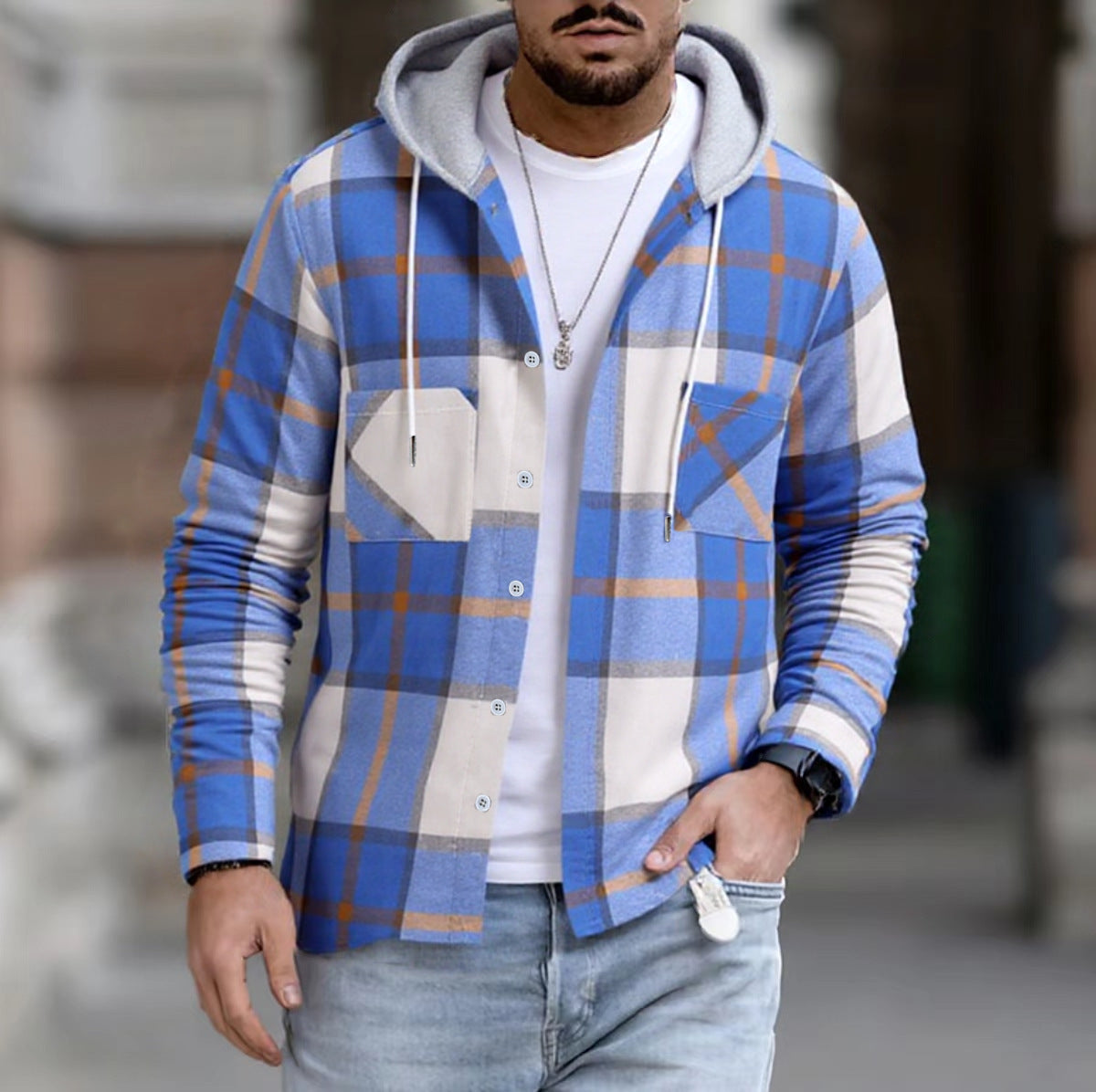 Herren Freizeitjacke mit Kapuze und Karomuster ModeGeist