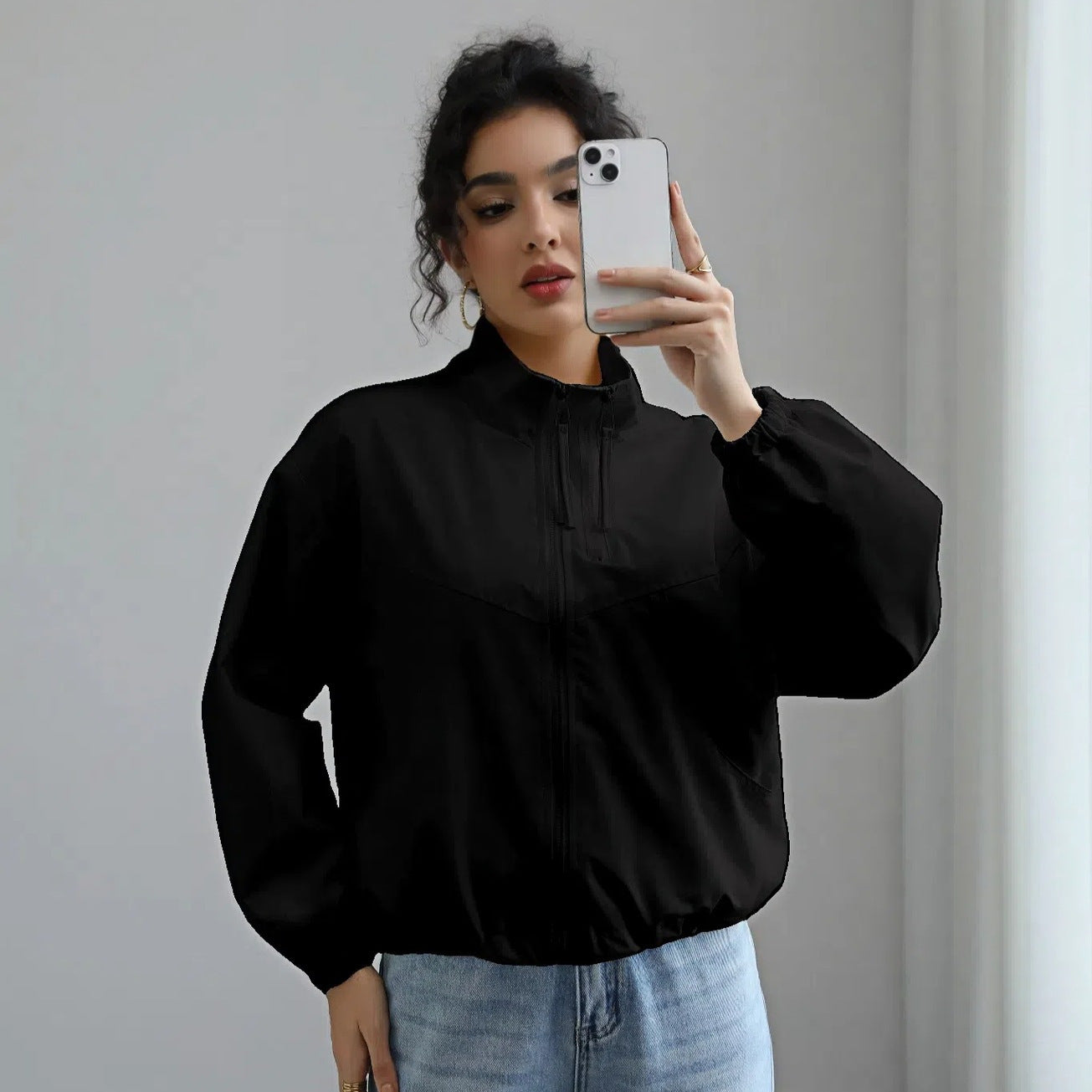 Damen modische Übergangsjacke mit hohem Kragen und elastischem Bund ModeGeist