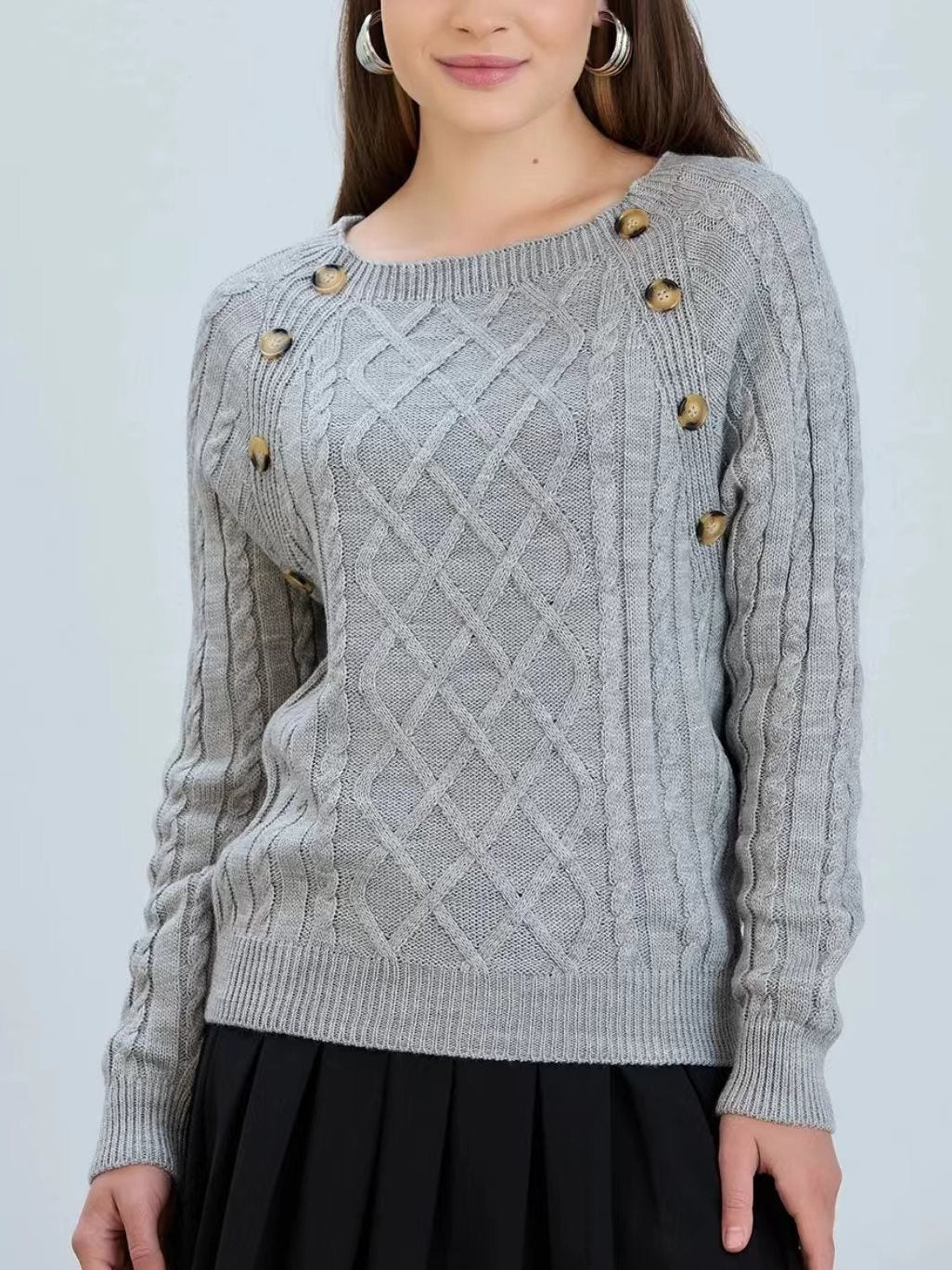 Damen Strickpullover mit klassischem Rautenmuster und dekorativen Knöpfen ModeGeist