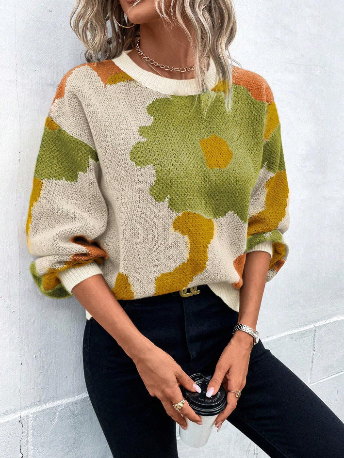 ModeGeist | Pullover Pullover Strickstoff Lockere Passform Rundhals Ballonärmel Gemustert