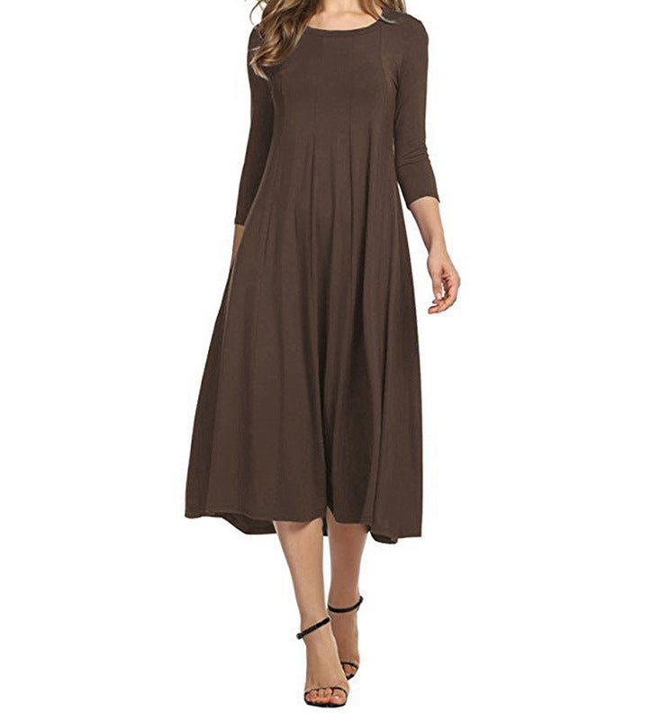 Schwingendes Damen-Midi-Kleid mit lässigen ¾-Ärmeln - Elegantes Design
