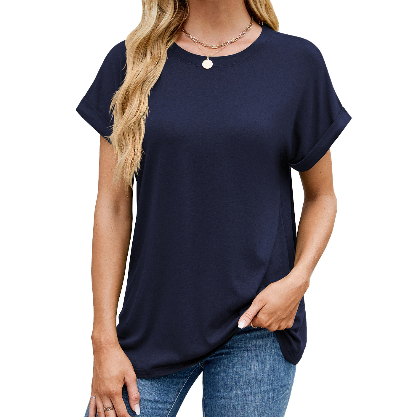 Fudus Basics: Einfarbiges, lockeres Rundhals-T-Shirt