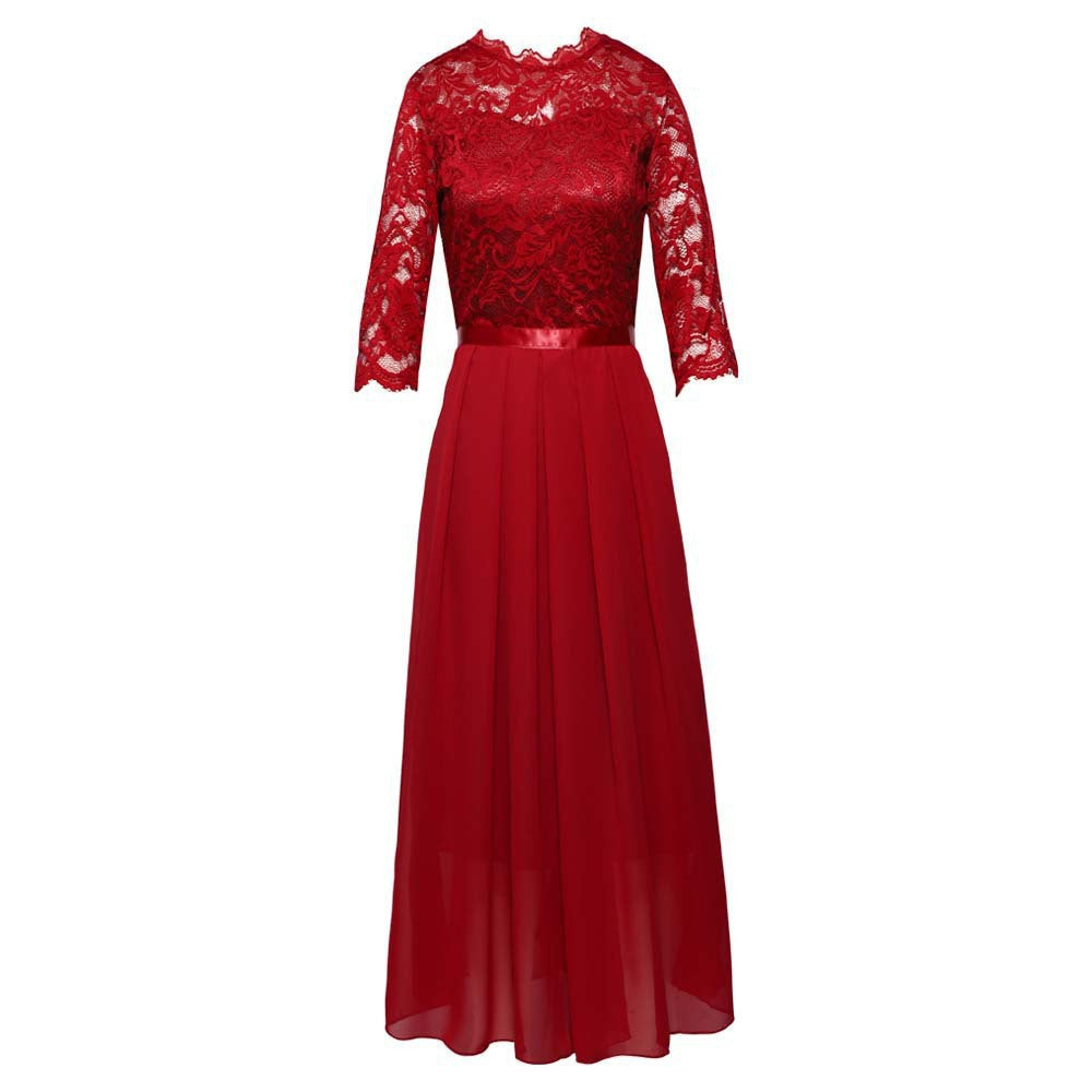 Damen Maxikleid mit Spitzendetails und transparentem Rock ModeGeist