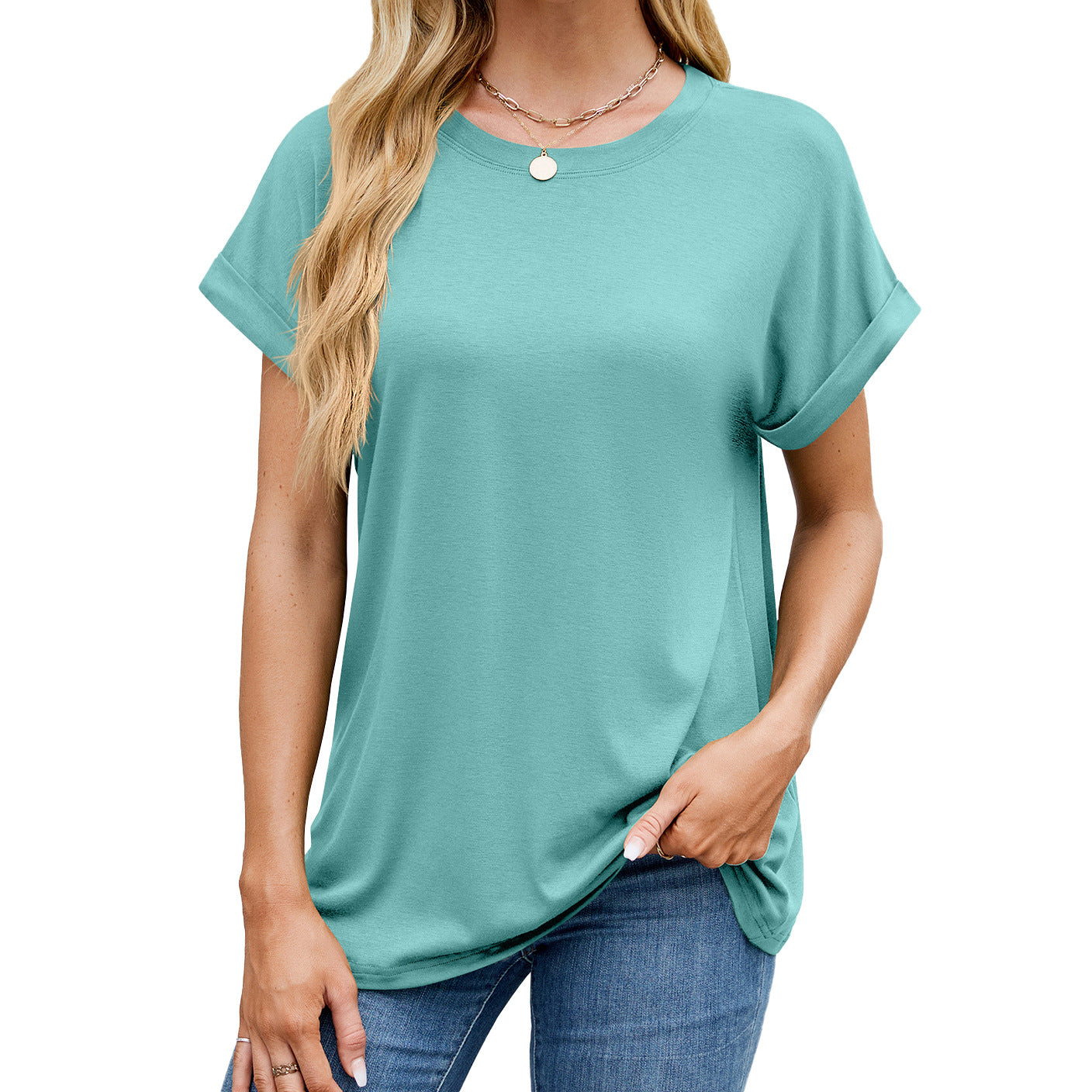 Fudus Basics: Einfarbiges, lockeres Rundhals-T-Shirt