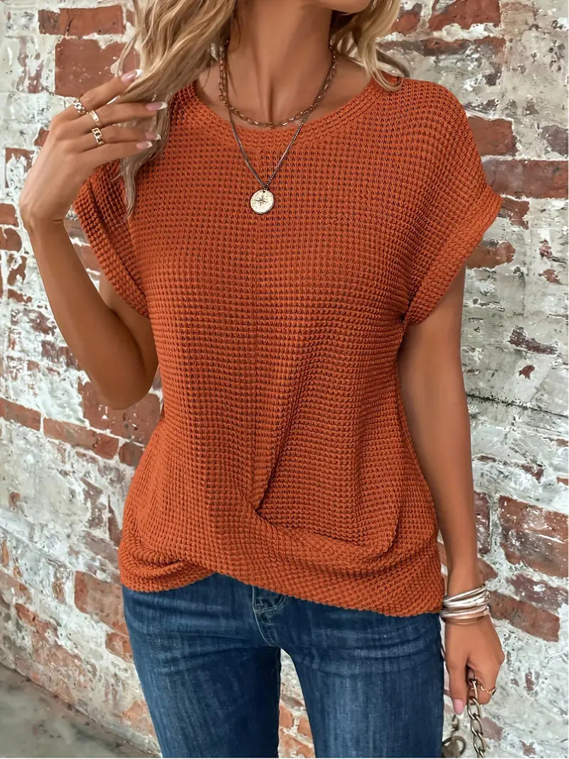 MODEGEIST Damen Casual T-Shirt Waffelstrick Kurze Ärmel Twist-Design