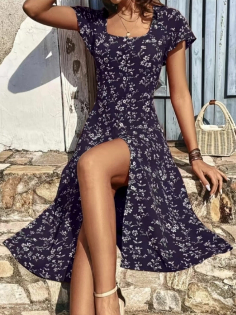 Damen Midi Kleid mit floralen Mustern und Knopfleiste ModeGeist
