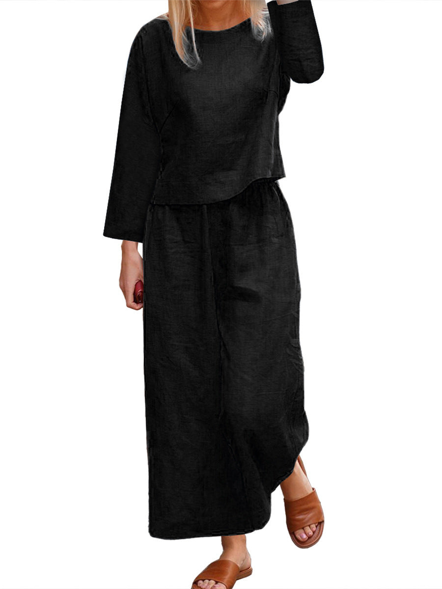 Damen lässiges Leinen-Langarm-Set mit weiten Hosen ModeGeist