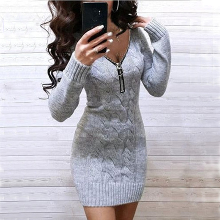 Damen Strickkleid mit Zip-Detail und strukturiertem Muster ModeGeist