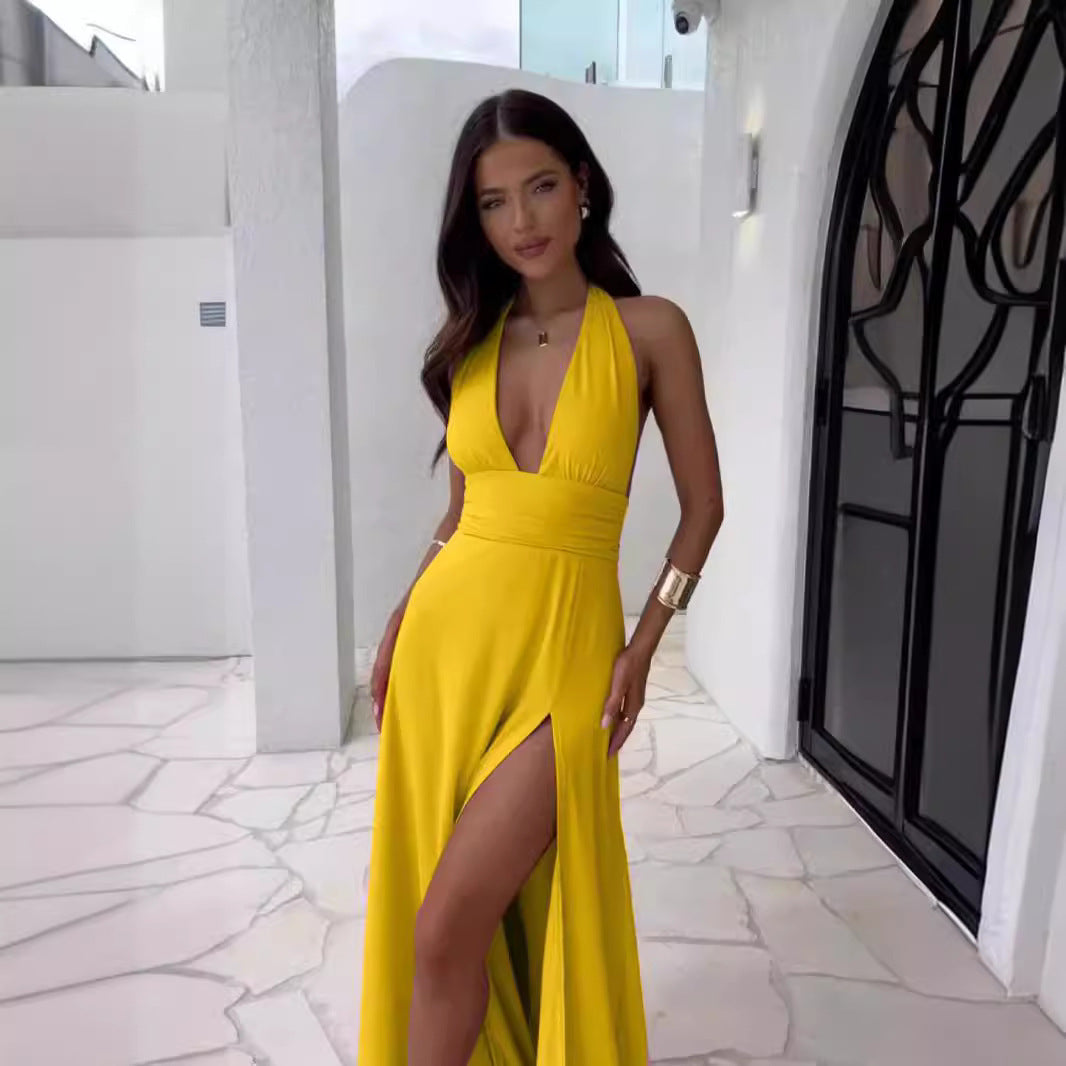 Damen Maxikleid mit tiefem V-Ausschnitt und elegantem Schlitz ModeGeist
