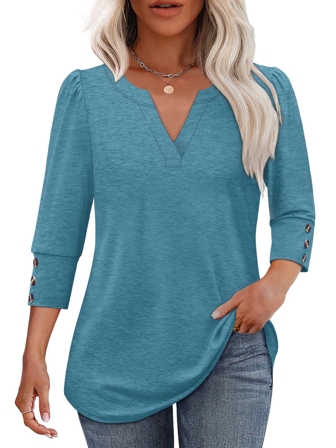 Damen V-Ausschnitt Bluse mit dekorativen Knopfdetails ModeGeist