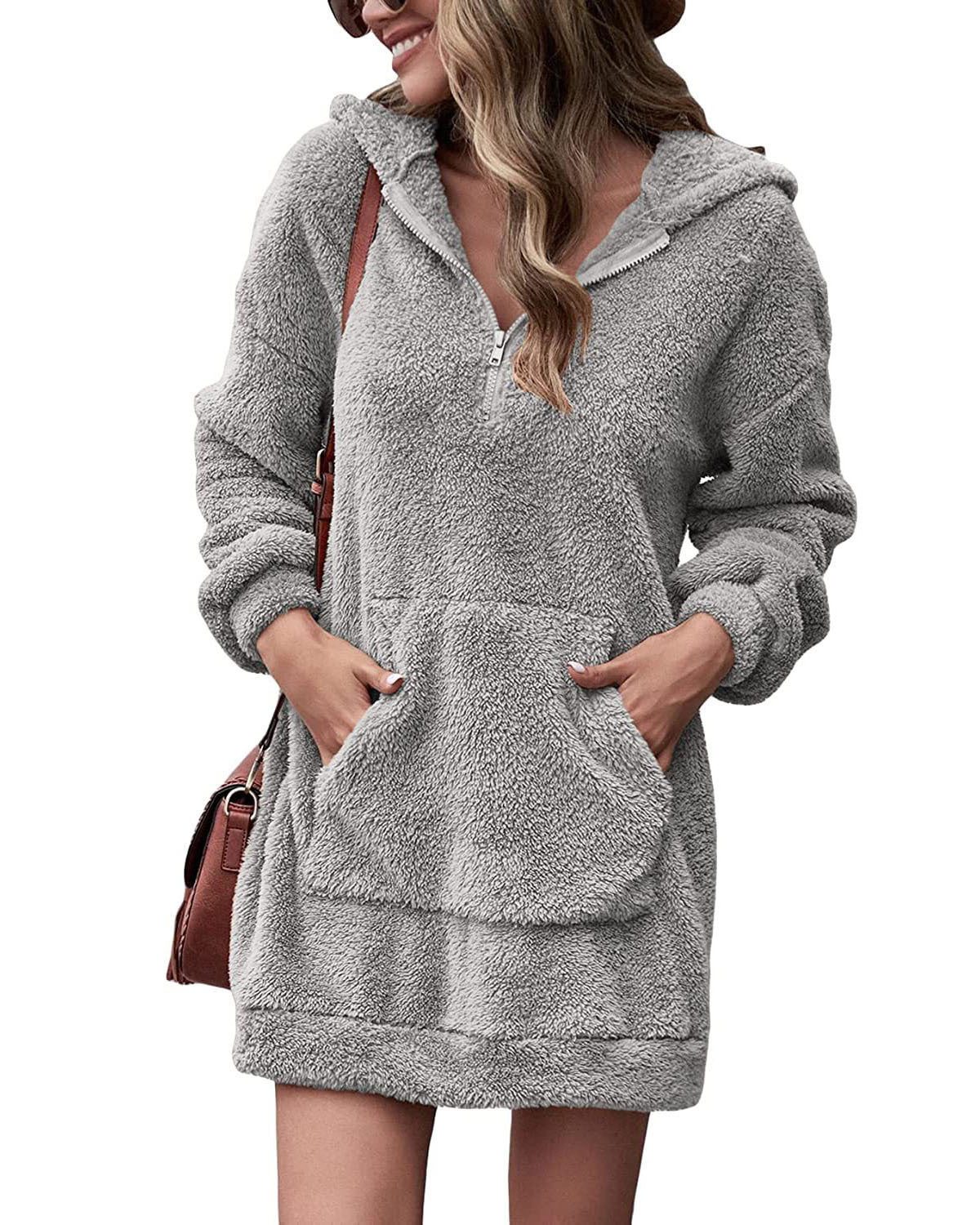 Damen Fleece-Kapuzenkleid mit Taschen und Reißverschluss ModeGeist