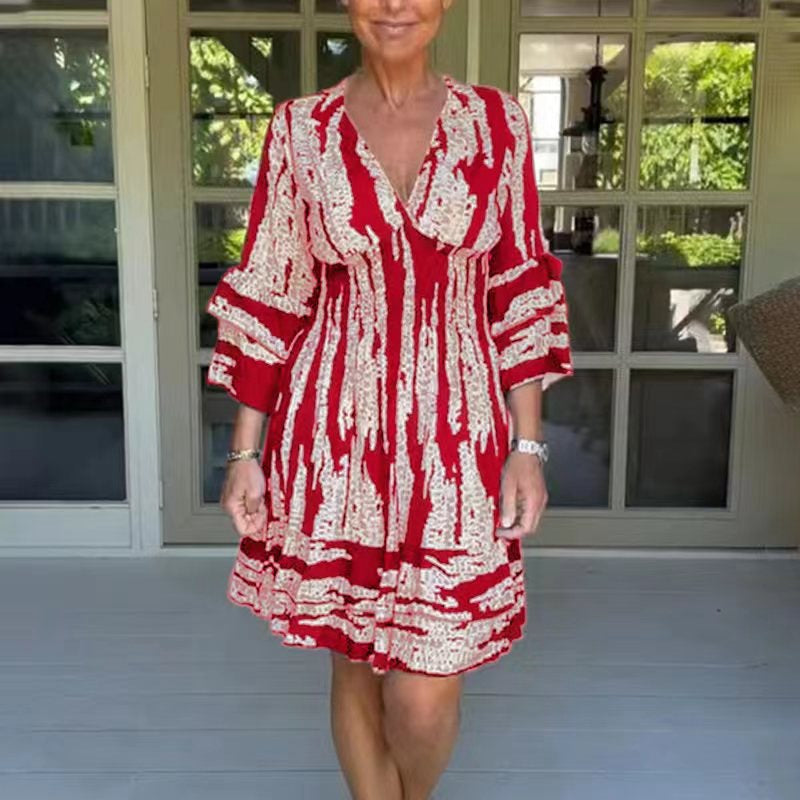 Elegantes Damen Freizeitkleid mit V-Ausschnitt und Volantärmeln von MODEGEIST