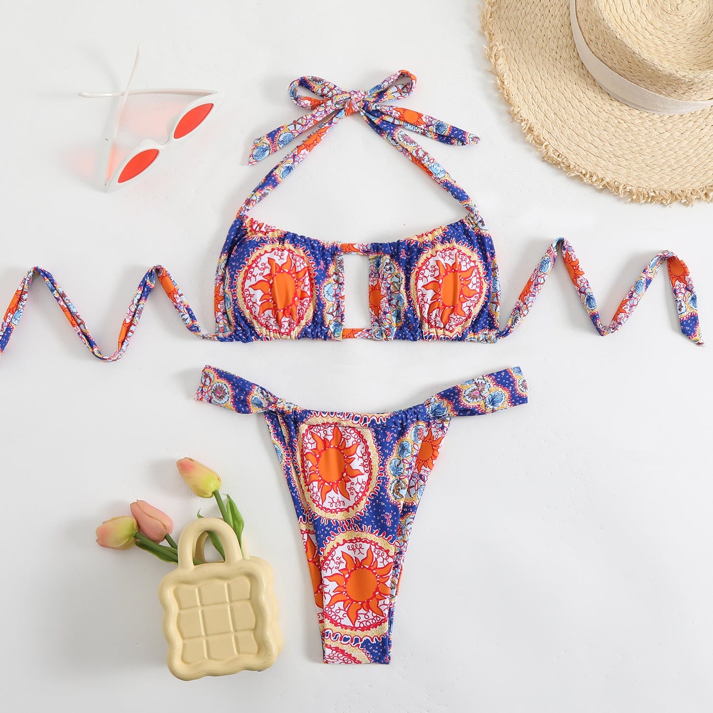 Women's Strappy Tie-Front Bikini Set with Patterned Details by MODEGEIST