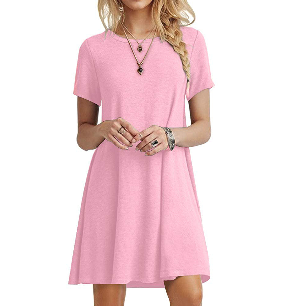 Damen locker fallendes Freizeitkleid mit Rundhalsausschnitt und kurzen Ärmeln ModeGeist