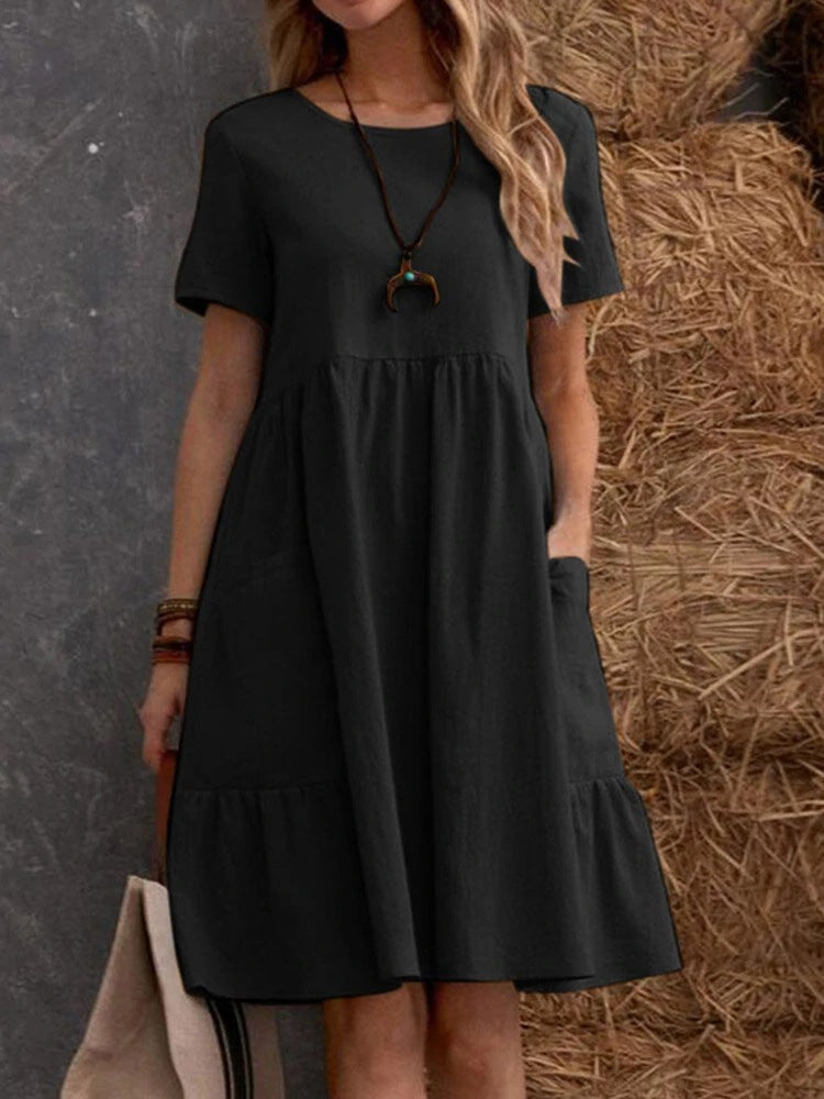 Modegeist Damenkleid: lässig, kurzärmelig, Doppelrüsche, Taschen