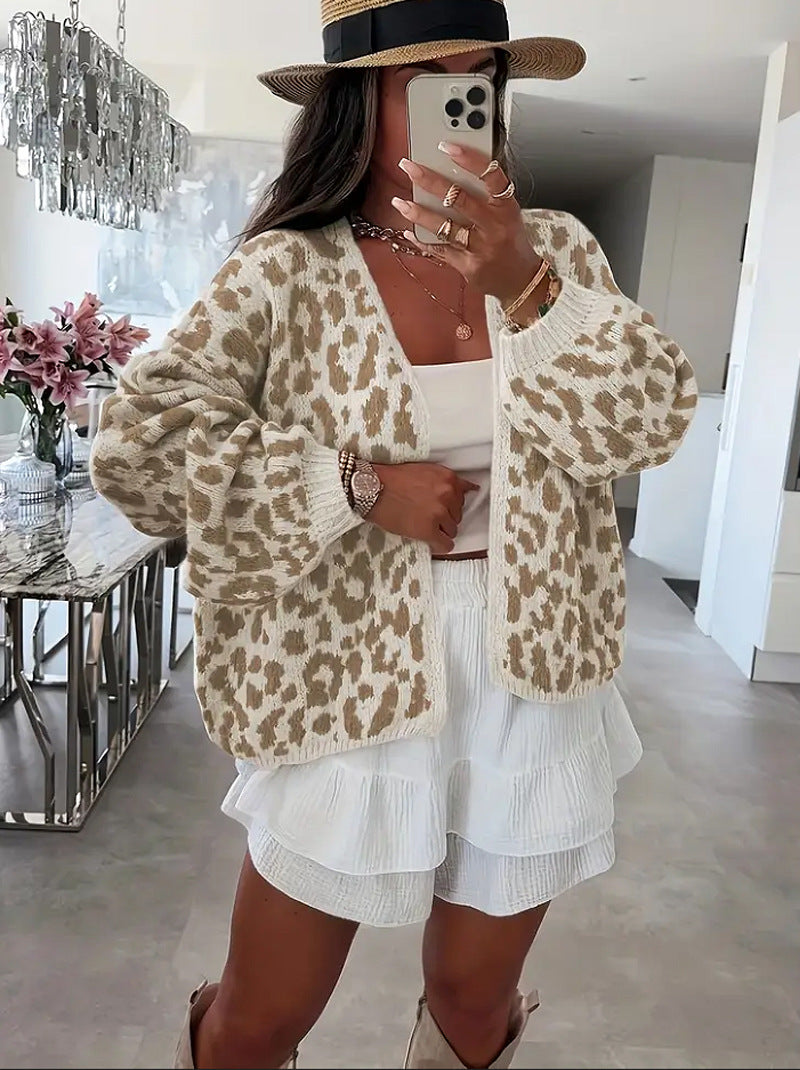 Damen lässiger Strickcardigan mit elegantem Leopardenmuster ModeGeist