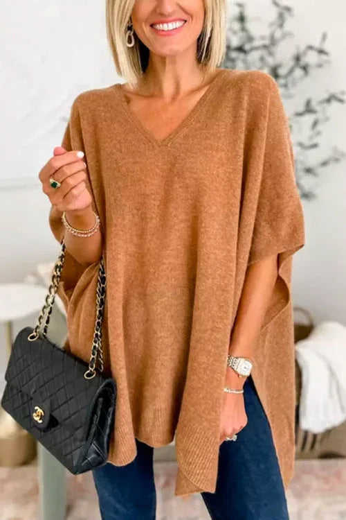 Damen lässiger Strickponcho mit V-Ausschnitt und überschnittenen Ärmeln ModeGeist