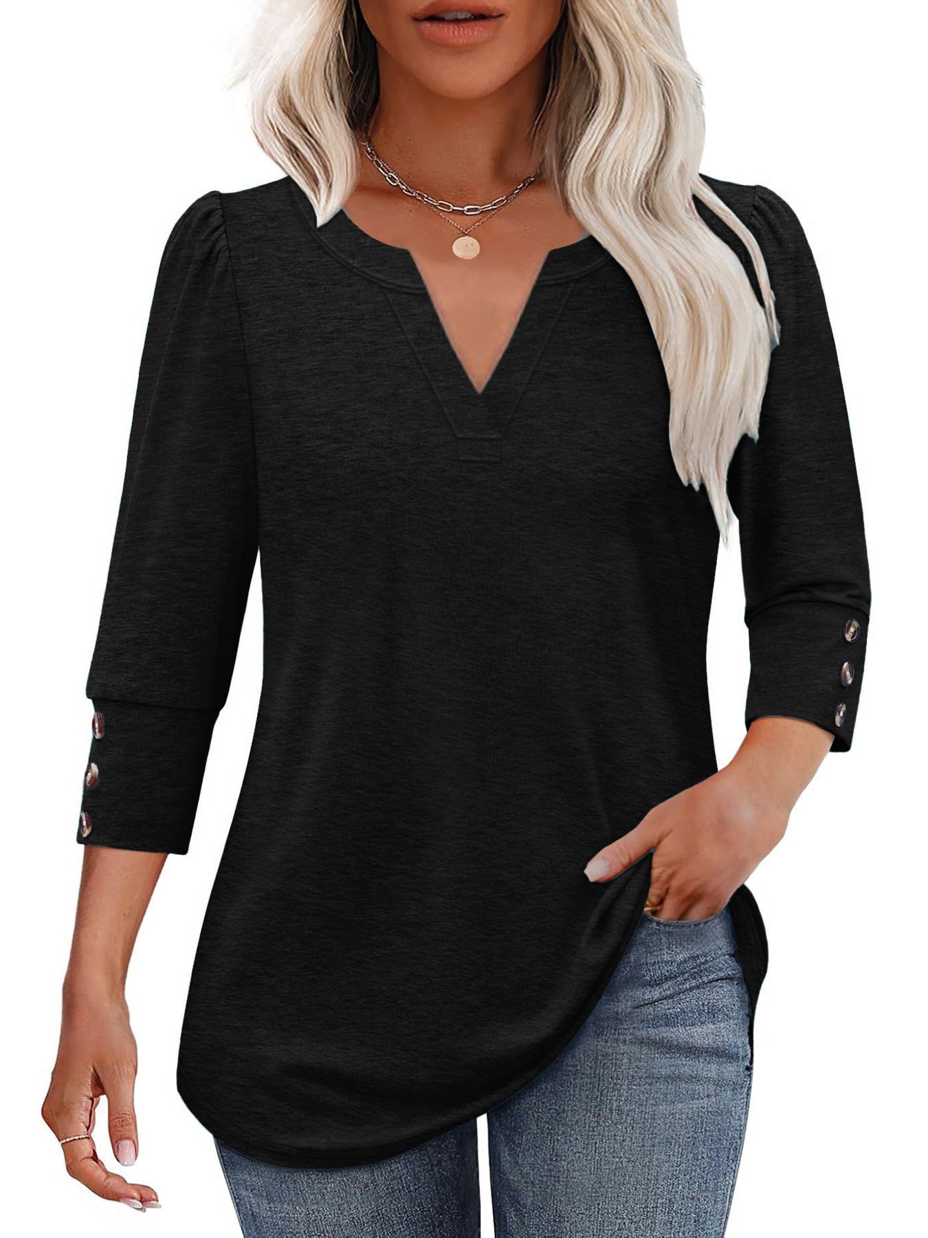 Damen V-Ausschnitt Bluse mit dekorativen Knopfdetails ModeGeist