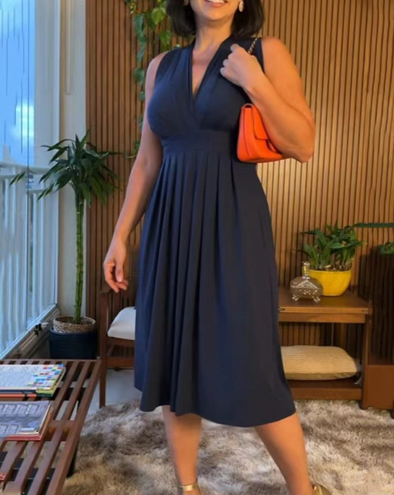 Elegantes Damen-Maxikleid aus Chiffon mit V-Ausschnitt und Falten, MODEGEIST
