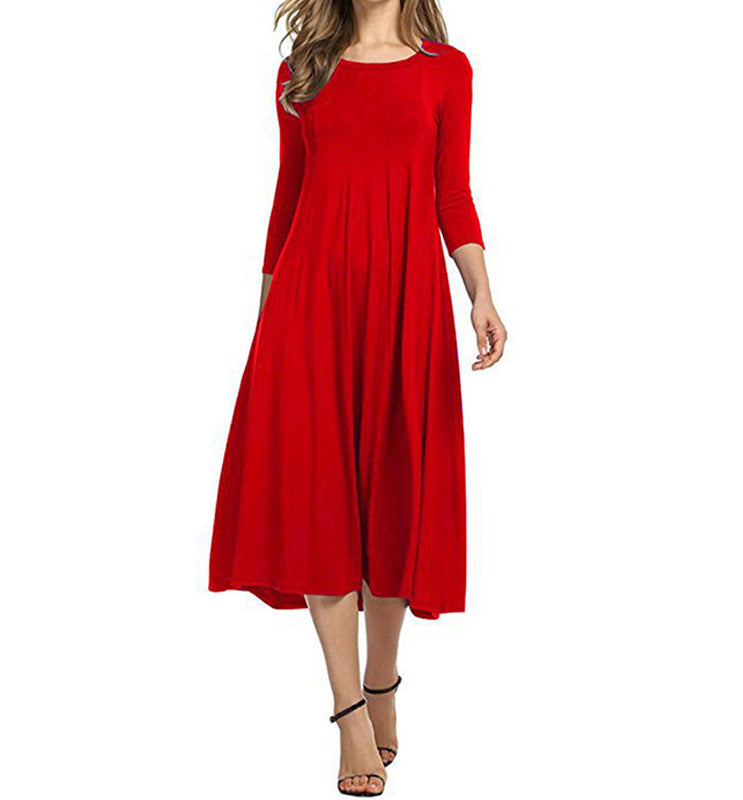 Schwingendes Damen-Midi-Kleid mit lässigen ¾-Ärmeln - Elegantes Design