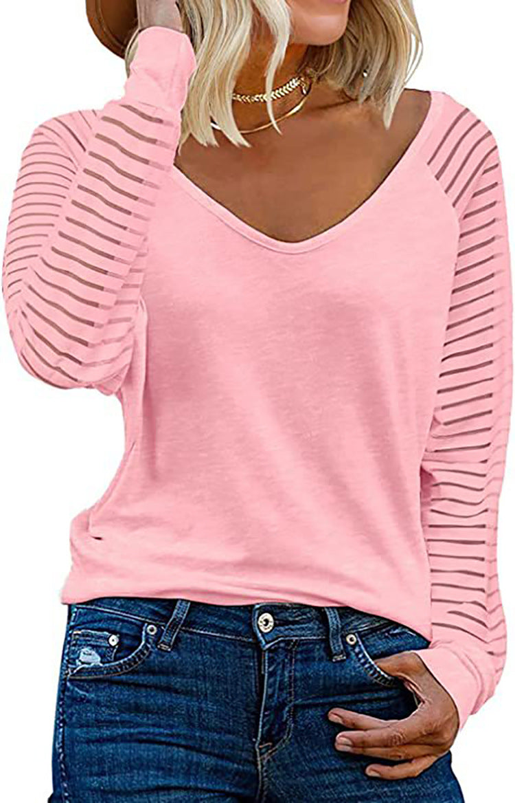 Damen Langärmliges V-Ausschnitt Shirt mit gestreiften Ärmeln ModeGeist
