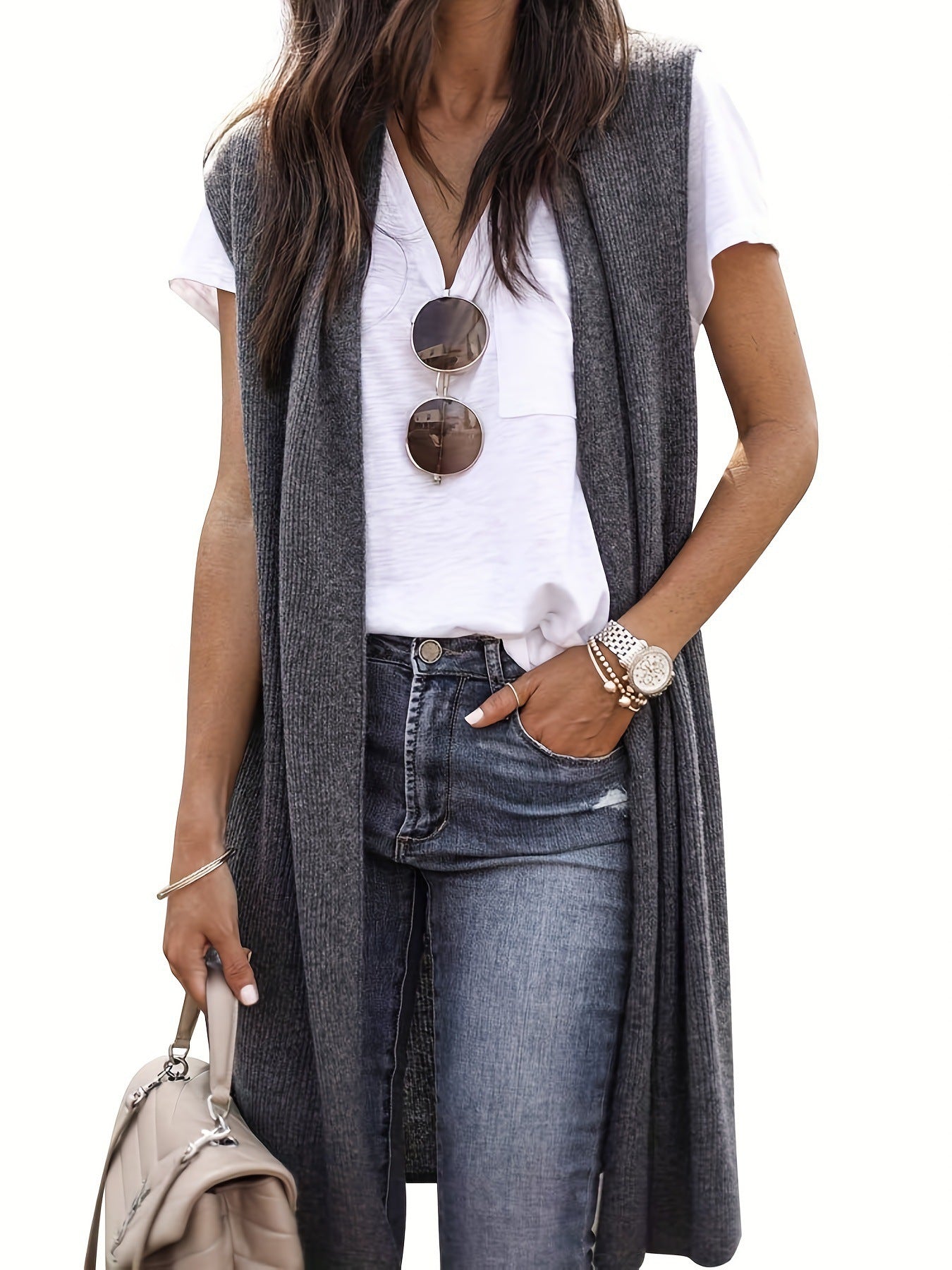 Damen longitudinaler Strickmantel mit Seitenschlitzen ModeGeist