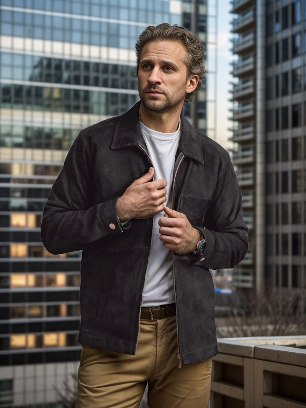 Herren schicke und lässige Wildlederjacke mit Stehkragen ModeGeist