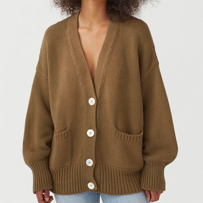 Damen Oversized Strickjacke mit Taschen und V-Ausschnitt ModeGeist