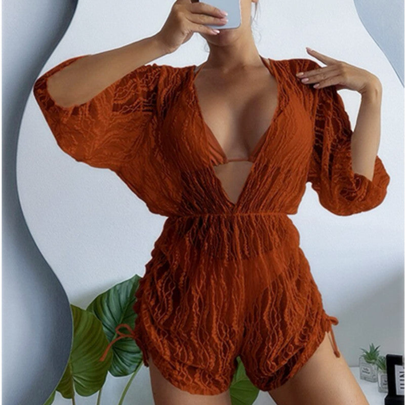 Strand-Kimono für Damen mit durchgehendem Spitzenmuster und elastischem Gürtel von MODEGEIST