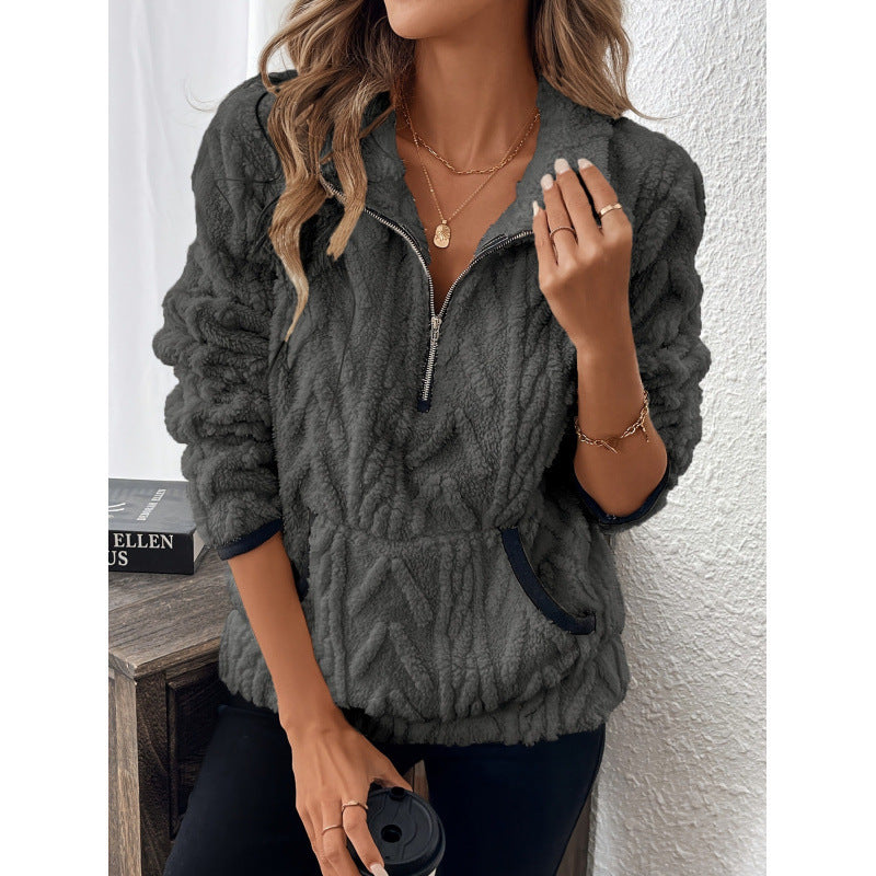 Damen flauschiger Teddy-Pullover mit halbem Reißverschluss und hohen Kragen ModeGeist