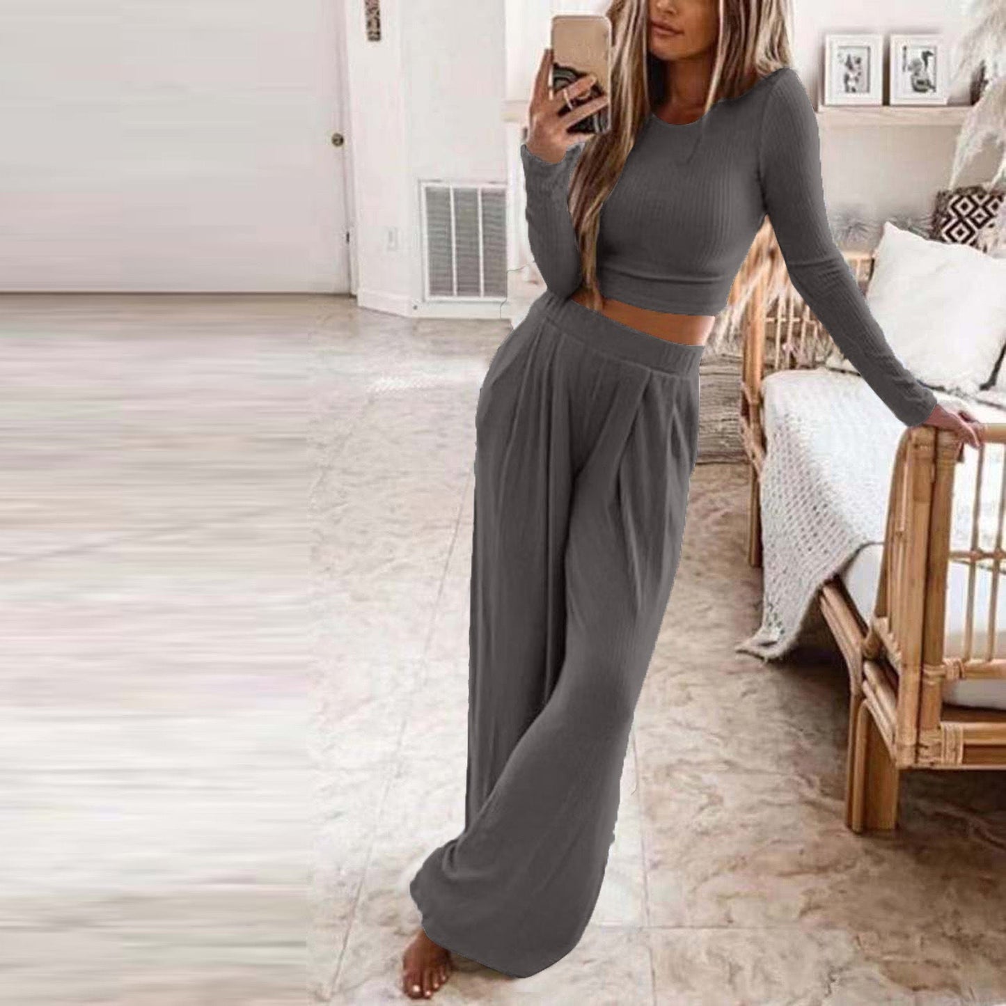 Damen Elegantes Lounge-Set mit langärmeligem Oberteil und weiten Hosen ModeGeist