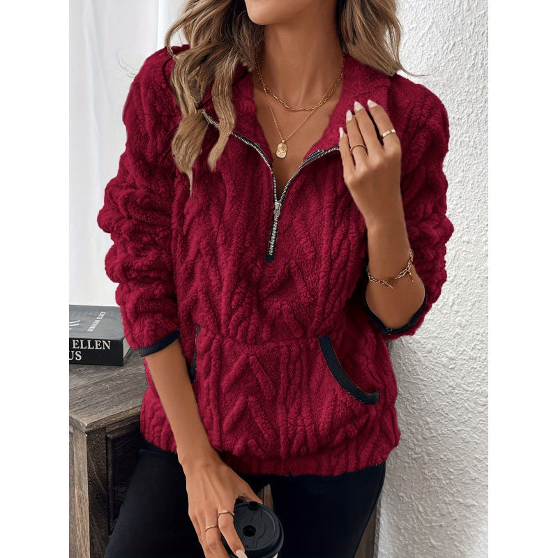 Damen flauschiger Teddy-Pullover mit halbem Reißverschluss und hohen Kragen ModeGeist