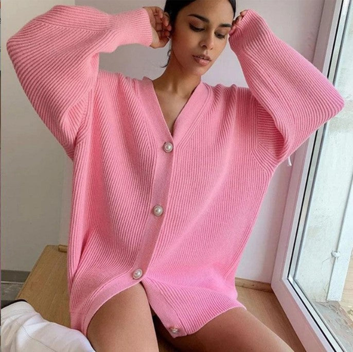 Damen Übergroße Strickjacke mit tiefem V-Ausschnitt und eleganten Knöpfen ModeGeist