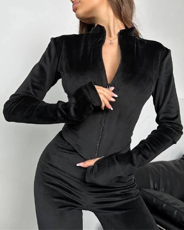 ModeGeist | Mode Wildleder Enganliegende Strickjacke und Elastische Hose Zweiteiler Satz