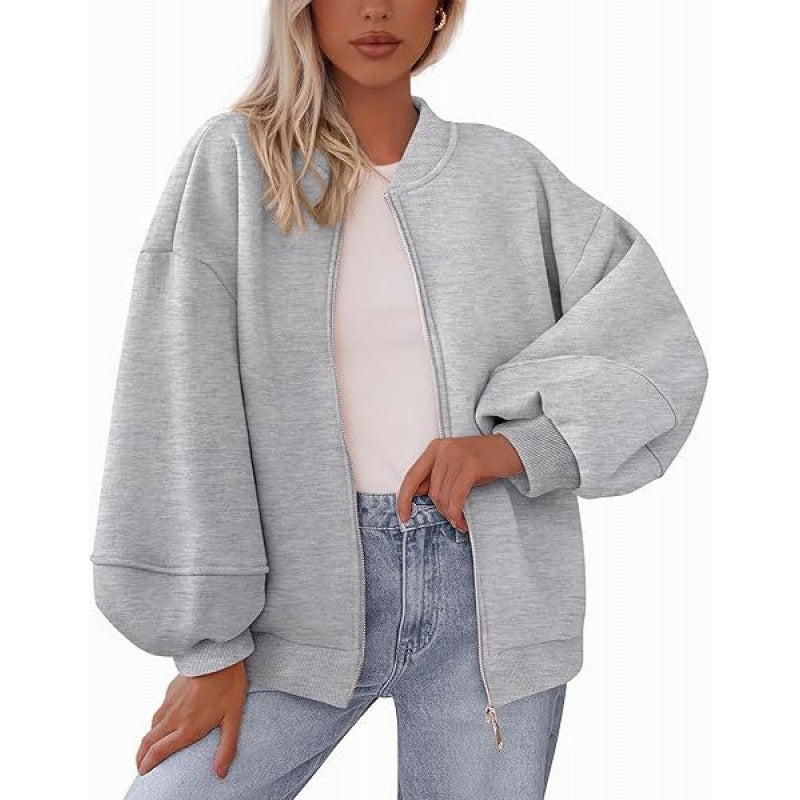 Damen lässige Oversized-Jacke mit Reißverschluss und ballonen Ärmeln ModeGeist
