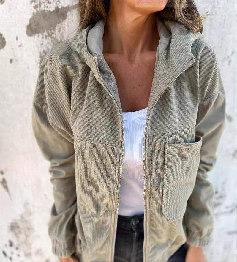Damen lässige Cordjacke mit praktischen Taschen und elegantem Reißverschluss ModeGeist