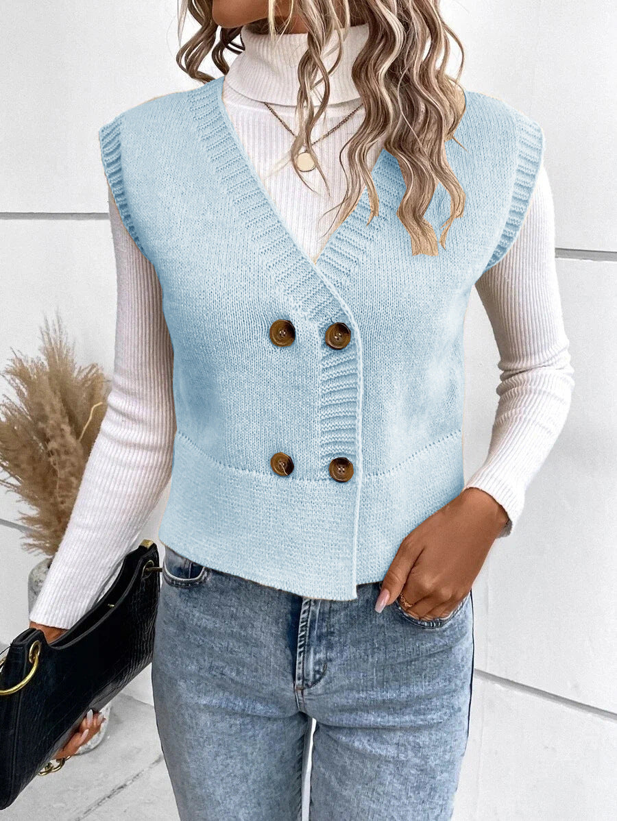 Damen Strickweste mit doppelter Knopfleiste und stylischem V-Ausschnitt ModeGeist