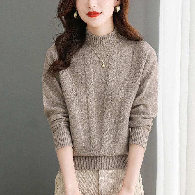 Damen Grobstrickpullover mit elegantem Zopfmuster und hohem Kragen ModeGeist