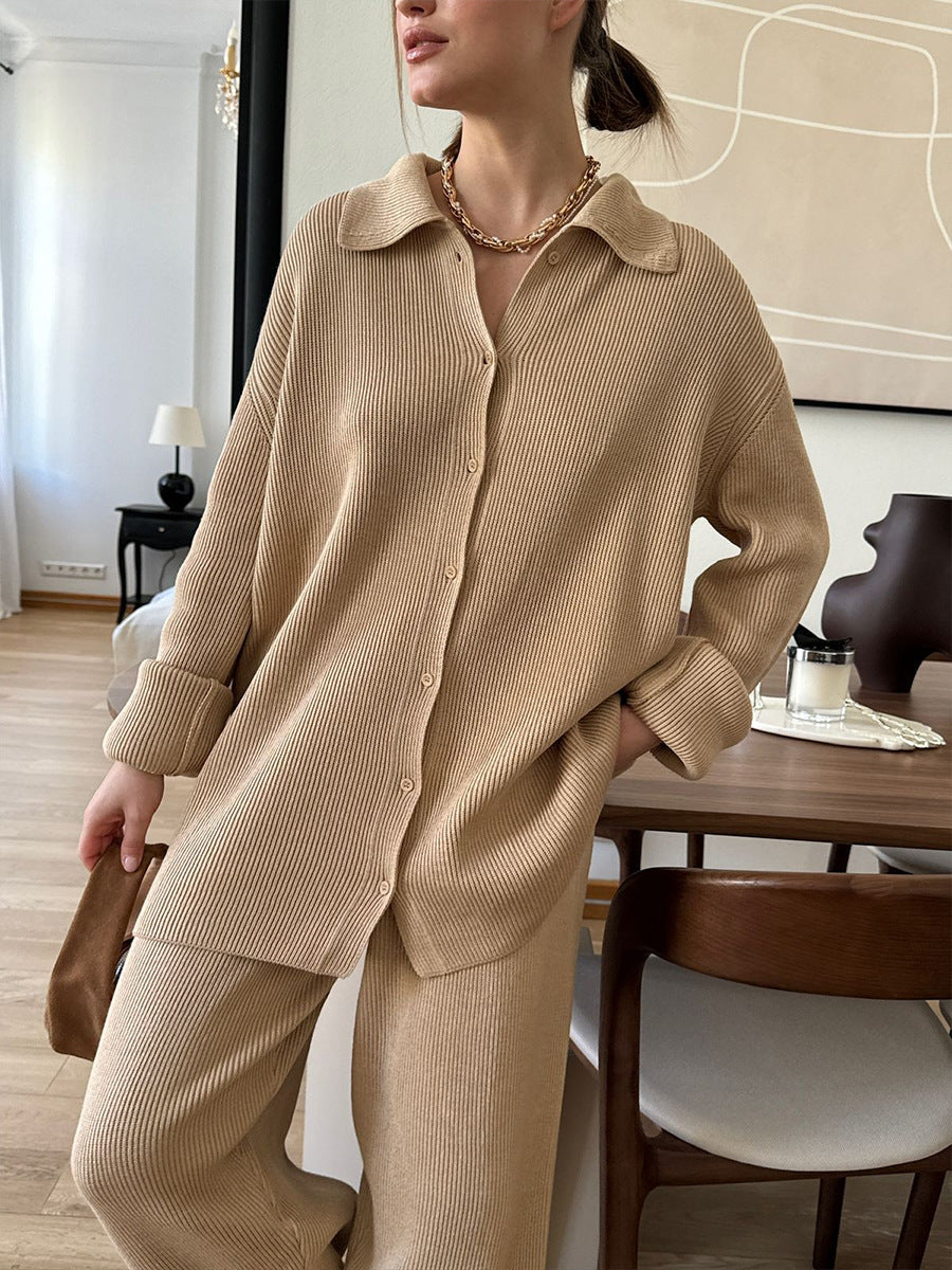 ModeGeist | Einreihige Gerippte Strickjacke und Lockere Hosen Satz