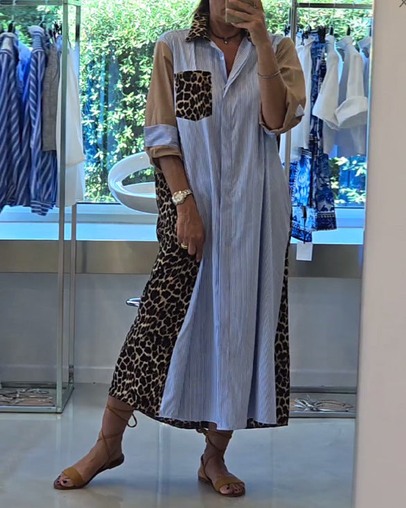 Modisches Hemdblusenkleid für Damen mit Tierprint und Streifen