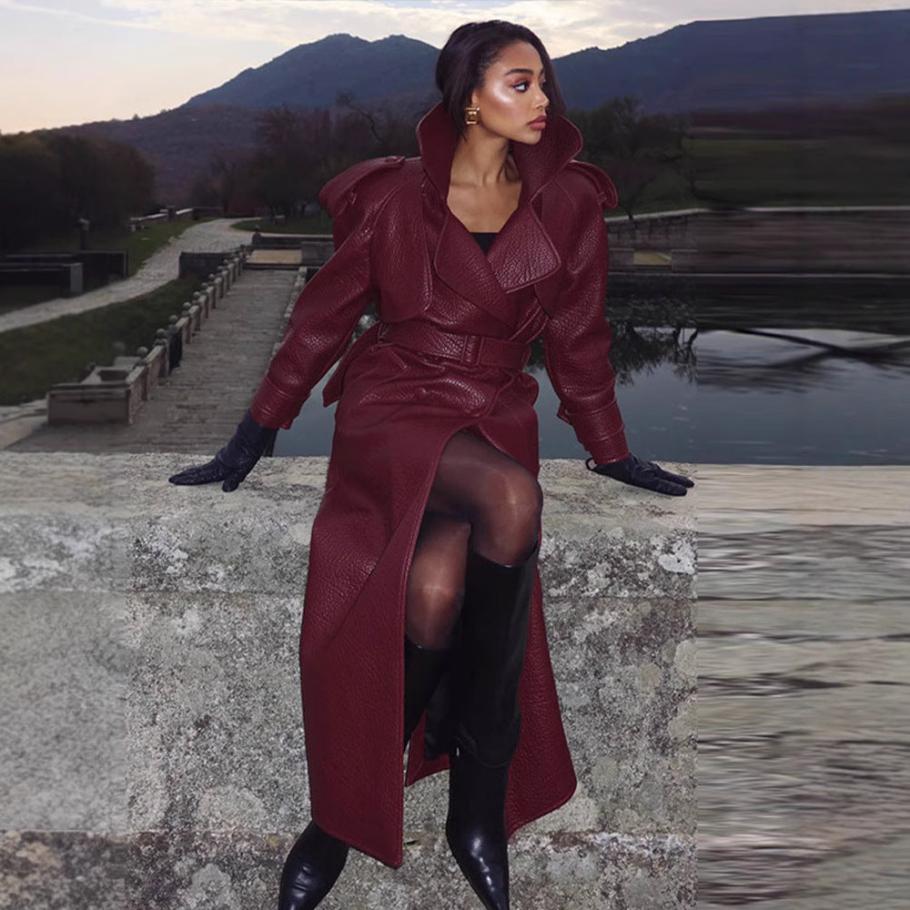 Damen Kunstleder Trenchcoat mit Oberteil und Taillengürtel ModeGeist