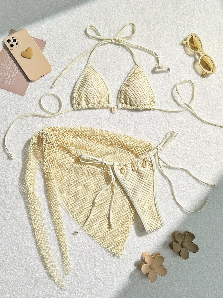 Modischer Damen-Bikini mit Dreiecks-Oberteil, Netz-Einsatz und verspielten Bindebändern