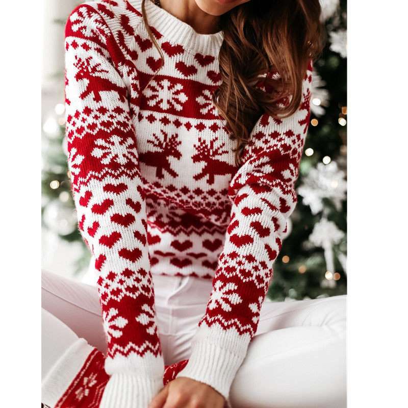 Damen Strickpullover mit weihnachtlichem Muster und Rundhalsausschnitt ModeGeist