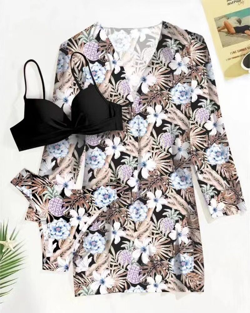 MODEGEIST Tropical Print Swim Cover-Up and Bikini Set for Women