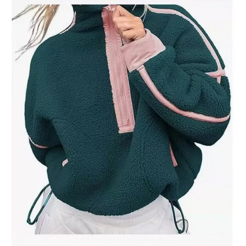 Damen Fleecpullover mit halbem Reißverschluss und kontrastierenden Ärmeln ModeGeist
