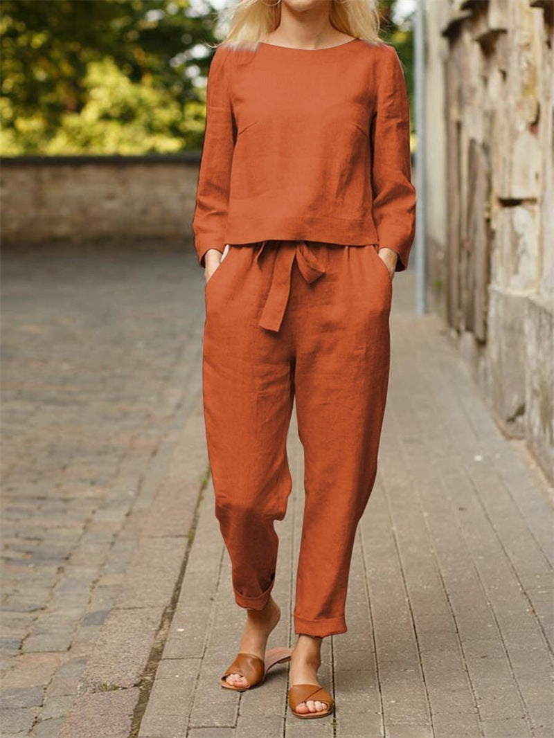 Damen Lässiges Zweiteiliges Leinen-Outfit mit breitem Bund ModeGeist