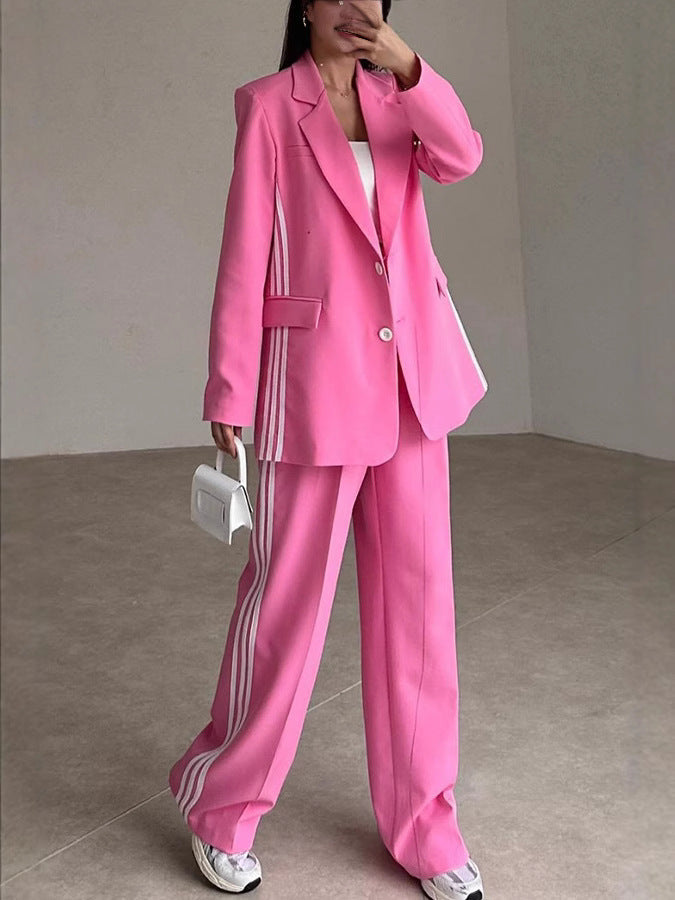 Damen Modisches Blazer-Hosen-Set mit kontrastierenden Streifen ModeGeist